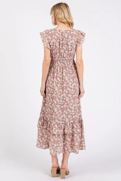 Flower Print Ruffle Cap Sleeve V-Neck Midi Dress – outfit idea for women | Ro + Ivy