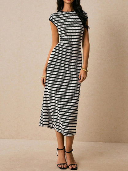 Round Neck Short Sleeve Striped Bodycon Midi Dress - Black Midi Dresses