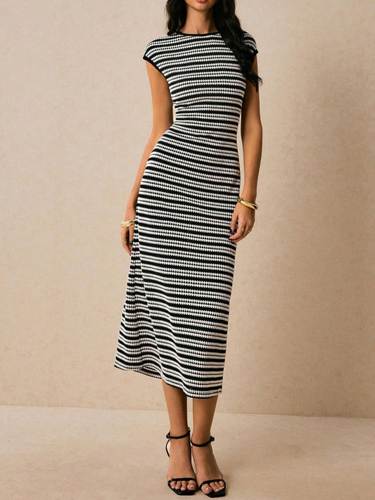 Black Round Neck Short Sleeve Striped Bodycon Midi Dress | Trendy Midi Dresses Outfit Idea for Women by Ro + Ivy | Elevated Basics, Modern Comfort & Style