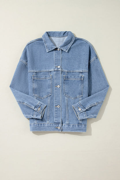 Striped Washed Denim Chest Pocket Oversized Vintage Jacket — Laid-Back Casual Style - Outerwear/Denim jackets