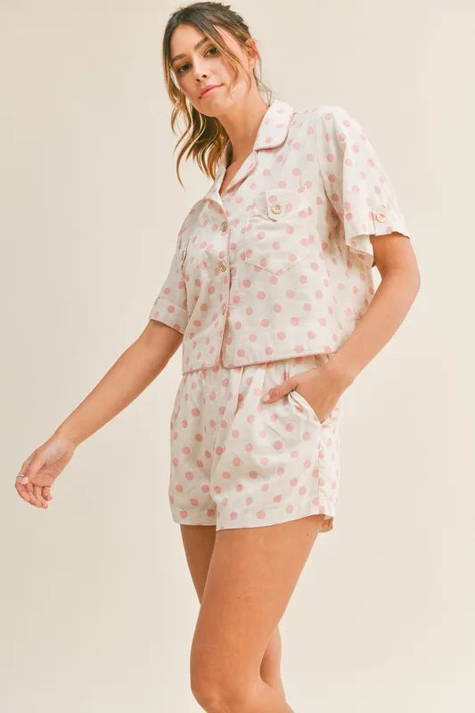 Polka Dot Collar Crop Top And Short Lounge Set - Loungewear