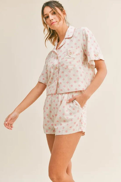 Polka Dot Collar Crop Top And Short Lounge Set - Loungewear