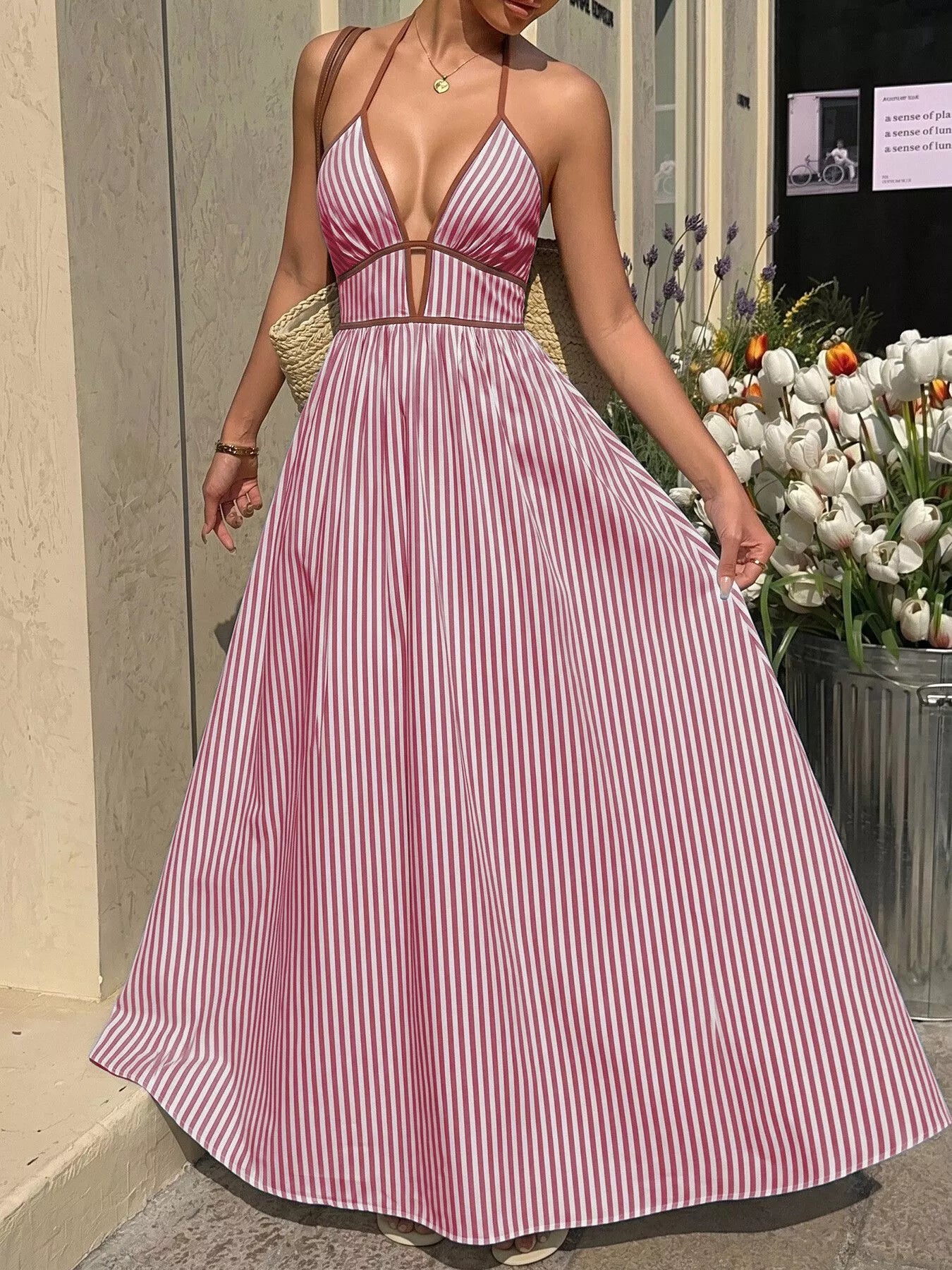 Women's Smocked Striped Halter Neck Maxi Dress - Maxi Dresses