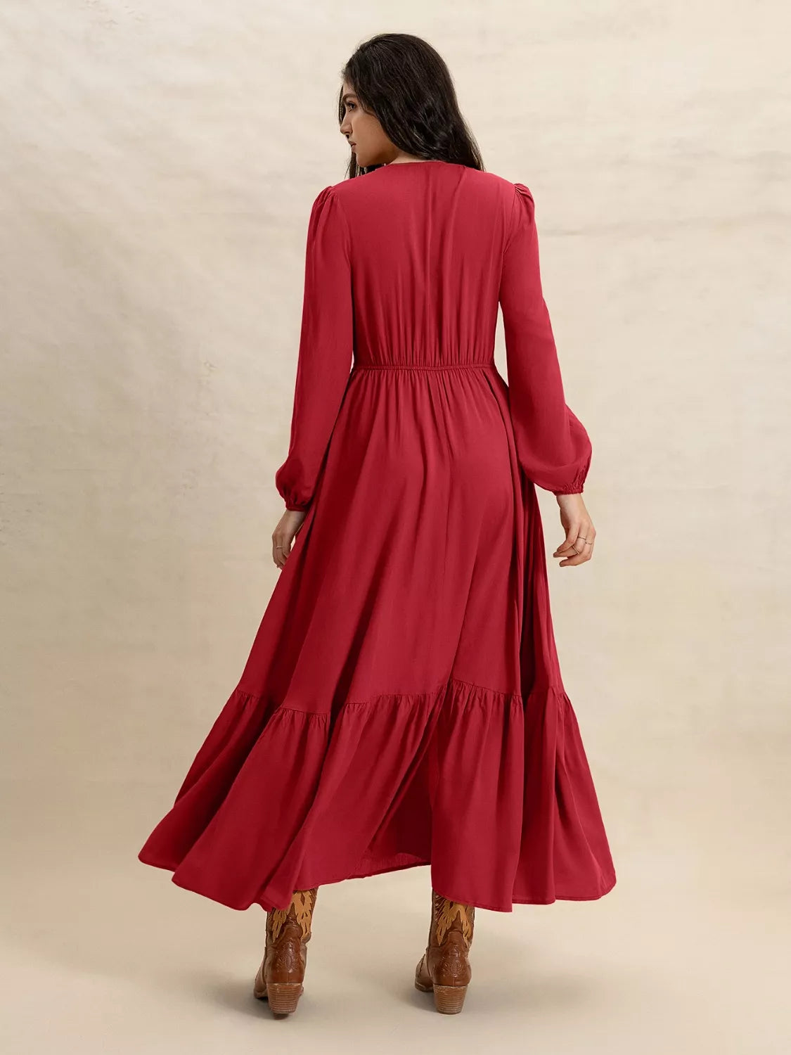 Women's Flowy V-Neck Balloon Sleeve Ruffled Hem Maxi Dress - Maxi Dresses