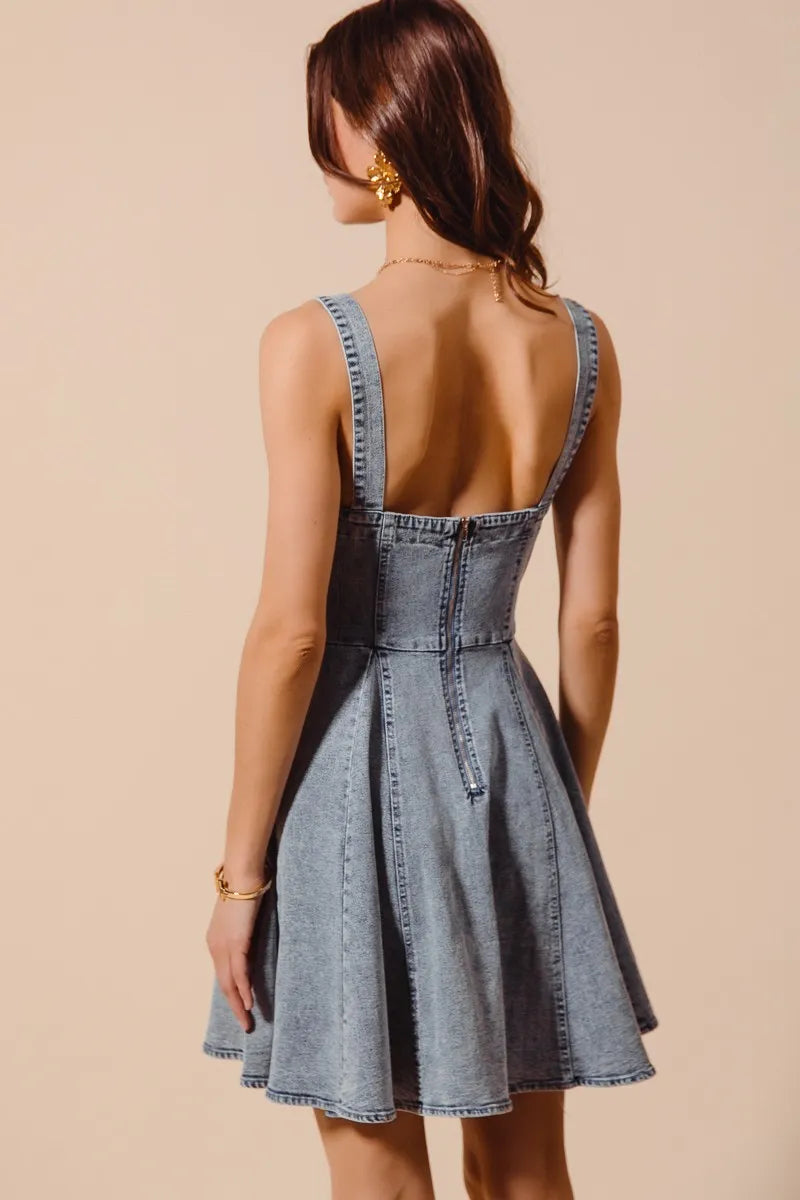 Mineral Washed Sweetheart Bow Neckline Fit and Flare Dress in Denim | Trendy Knee Length Dresses Outfit Idea for Women by Ro + Ivy | Elevated Basics, Modern Comfort & Style