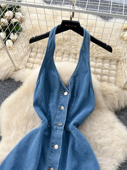 Women's Halter Neck Button Down Denim Maxi Dress - Maxi Dresses