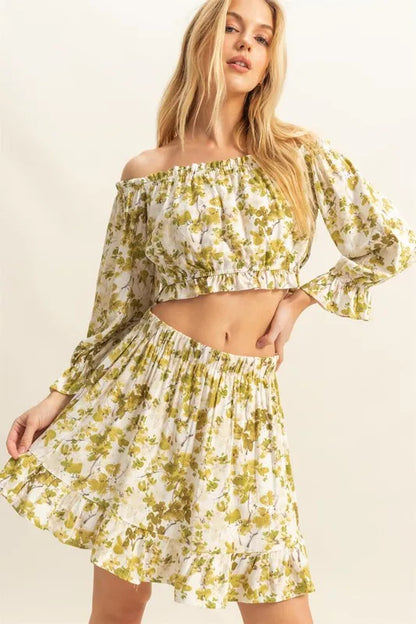 Floral Off-Shoulder Flounce Sleeve Top And Skirt Set – Yellow-Green outfit idea for women | Ro + Ivy