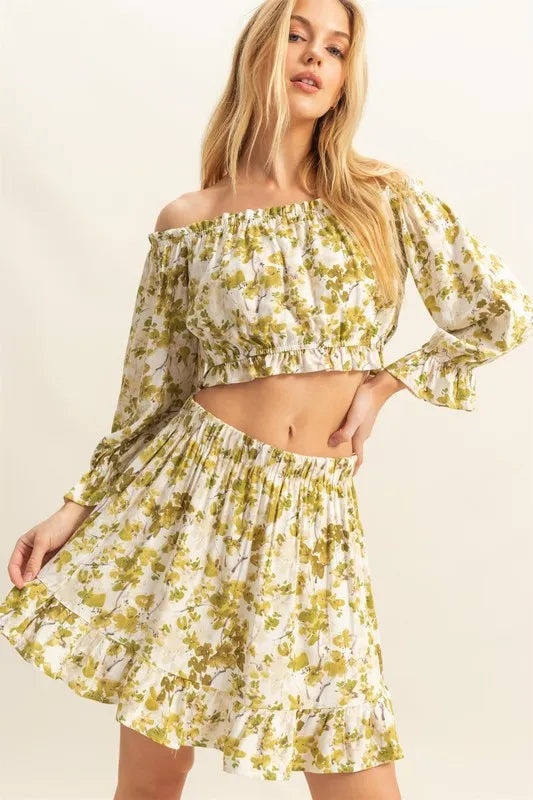 Floral Off-Shoulder Flounce Sleeve Top And Skirt Set – Yellow-Green outfit idea for women | Ro + Ivy