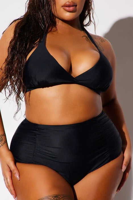 Two Piece High Waist with Ruched Front Swimsuit – Black outfit idea for women | Ro + Ivy