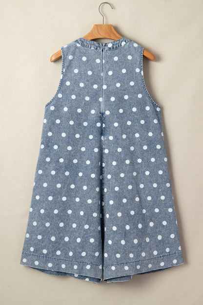 Polka Dot Denim Tie V-Neck Pleated Relaxed Romper — Playful Charming Everyday Style - Bottoms/Jumpsuits & Rompers