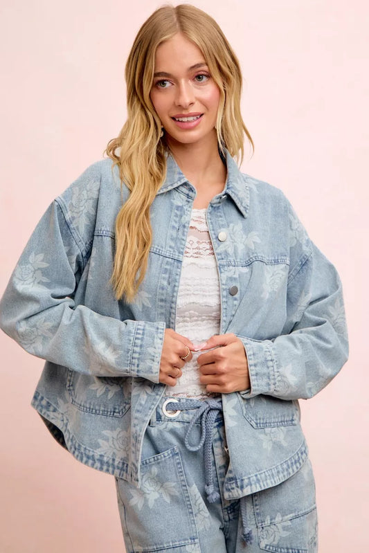 Women's Printed Washed Denim Jacket with Pocket DENIM