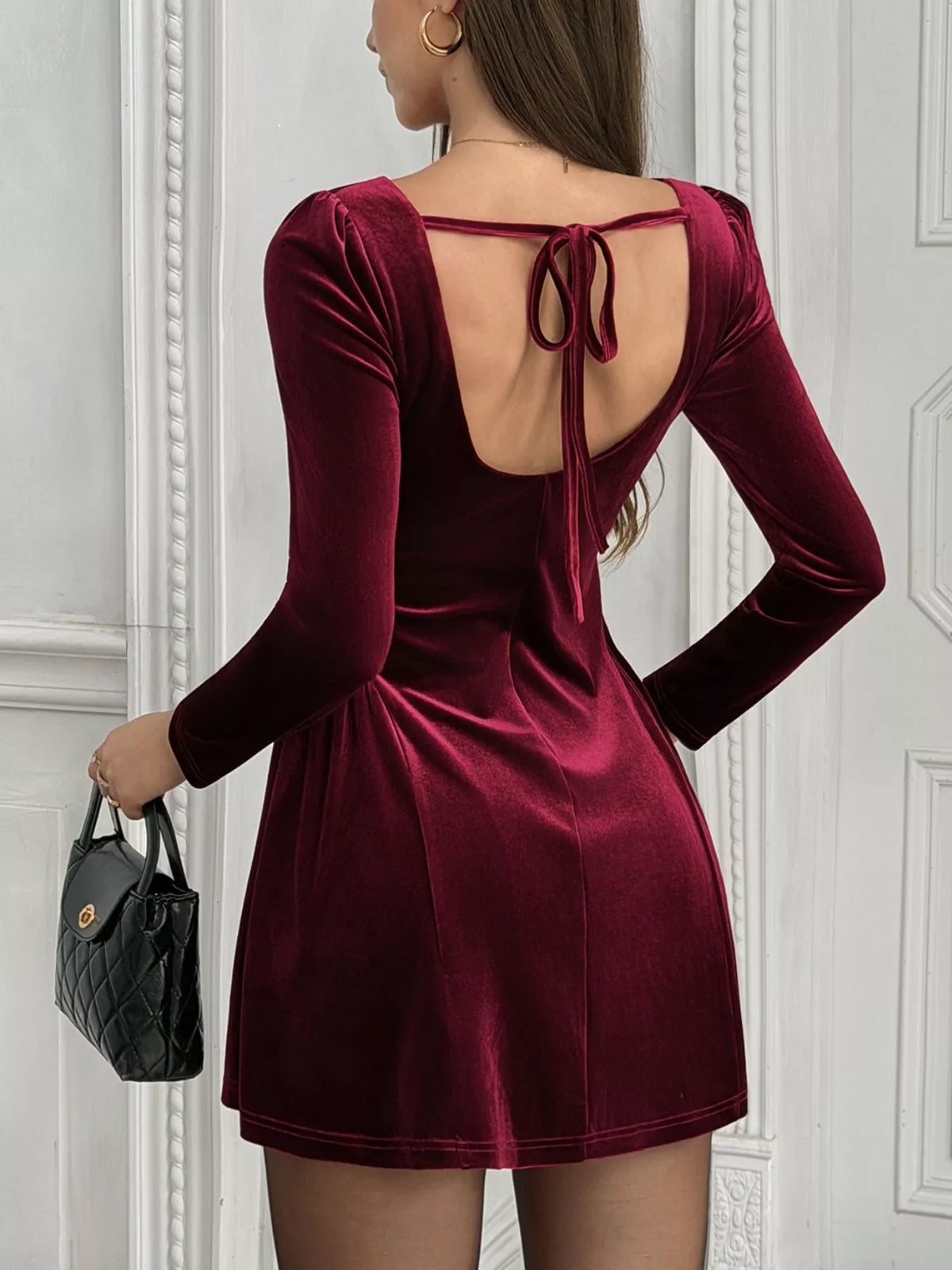 Velvet Square Neck Long-Sleeve Mini Dress with Stretch Fabric