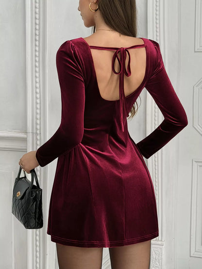 Velvet Square Neck Long-Sleeve Mini Dress with Stretch Fabric