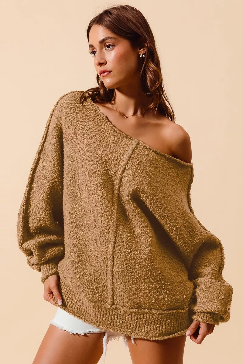 Boucle Loose Fit Sweater with Exposed Seam in Taupe | Trendy Sweaters Outfit Idea for Women by Ro + Ivy | Elevated Basics, Modern Comfort & Style
