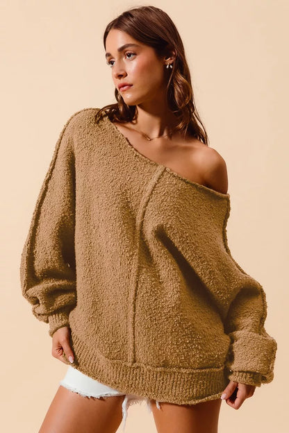 Boucle Loose Fit Sweater with Exposed Seam in Taupe | Trendy Sweaters Outfit Idea for Women by Ro + Ivy | Elevated Basics, Modern Comfort & Style