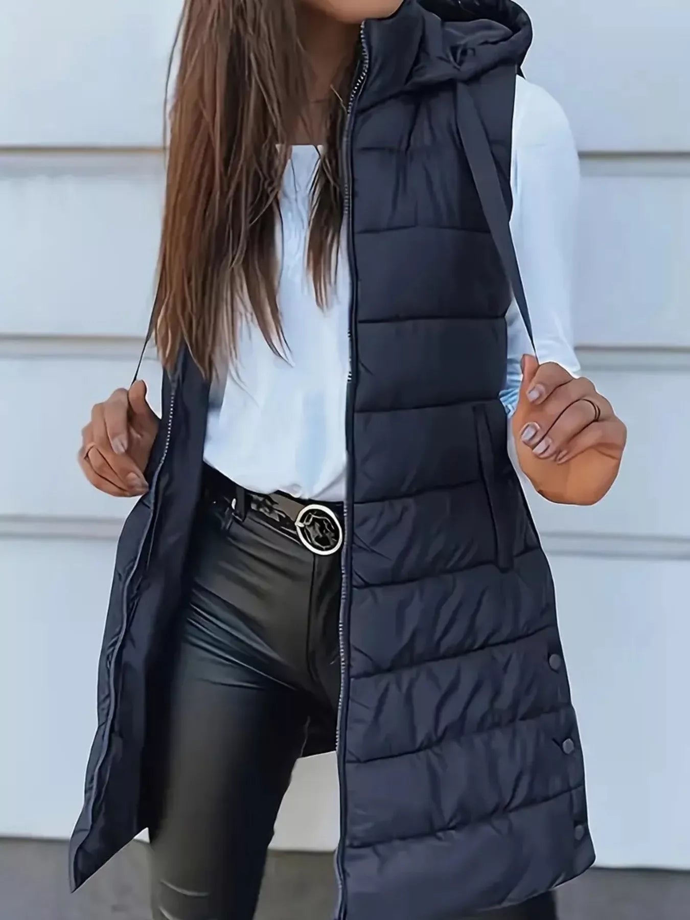 Zip Up Longline Hooded Puffer Vest Navy Blue