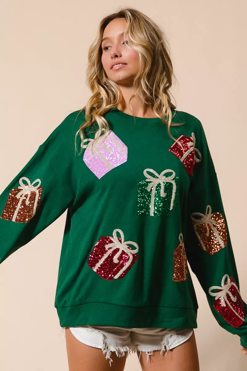 Sequins Gift Box Christmas Crewneck Sweater | Trendy Sweaters Outfit Idea for Women by Ro + Ivy | Elevated Basics, Modern Comfort & Style