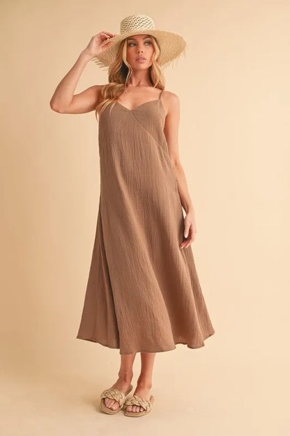 Side Button Cami Midi Dress in Mocha – outfit idea for women | Ro + Ivy