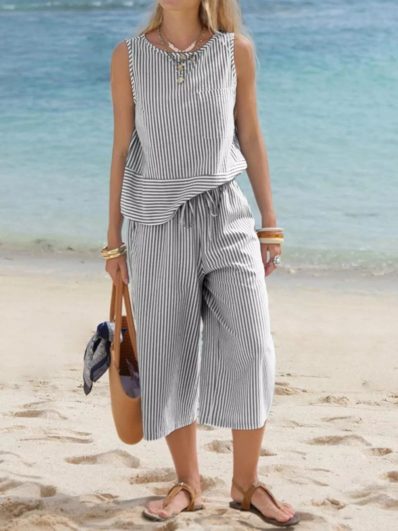 Women's Striped Sleeveless Top and Cropped Pants Set - Black Matching Sets