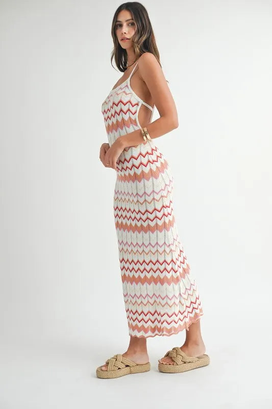Lightweight Pointelle Chevron Knit Maxi Dress — Delicate Textured Flattering Everyday Style - Maxi Dresses