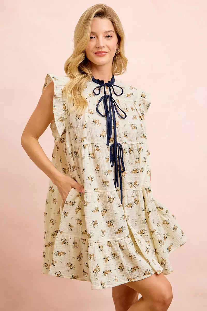 Women's Floral Tiered Ruffle Front Tie Mini Dress - Mini Dresses
