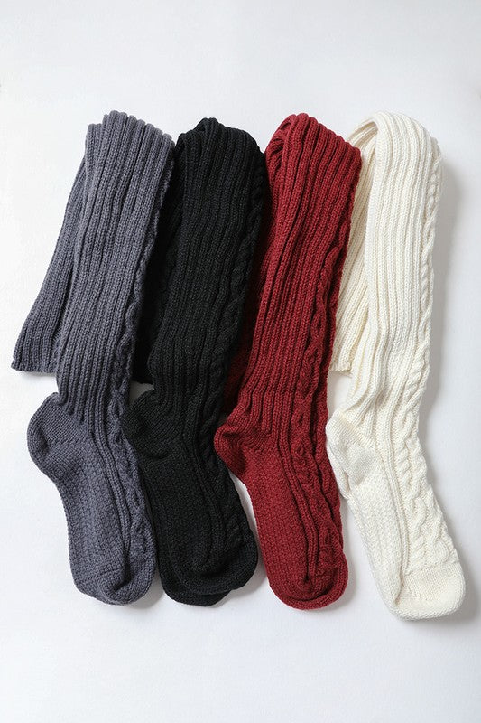 Long Knee High Cable Knit Socks Trendy Socks Outfit Idea for Women | Ro + Ivy