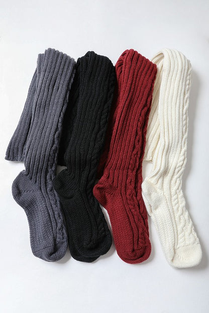 Long Knee High Cable Knit Socks Trendy Socks Outfit Idea for Women | Ro + Ivy