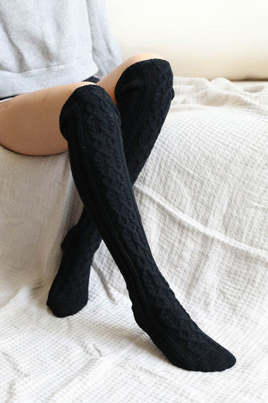 Black Default Long Knee High Cable Knit Socks Trendy Socks Outfit Idea for Women | Ro + Ivy