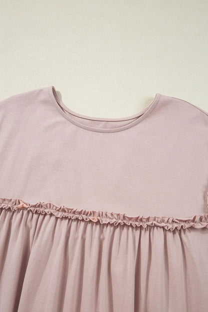 Frilled Trim Crew Neck Short Sleeve Loose Mini Dress - Mini Dresses