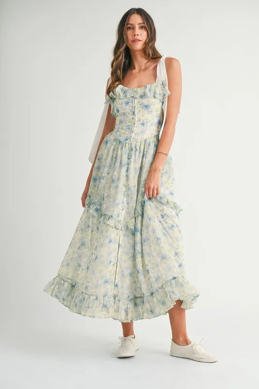 Floral Printed Shoulder Strap Midi Dress – Blue outfit idea for women | Ro + Ivy