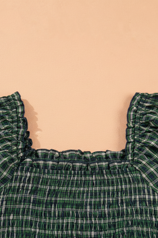 Green Plaid Shirred Bodice Ruffle Hem Maxi Dress