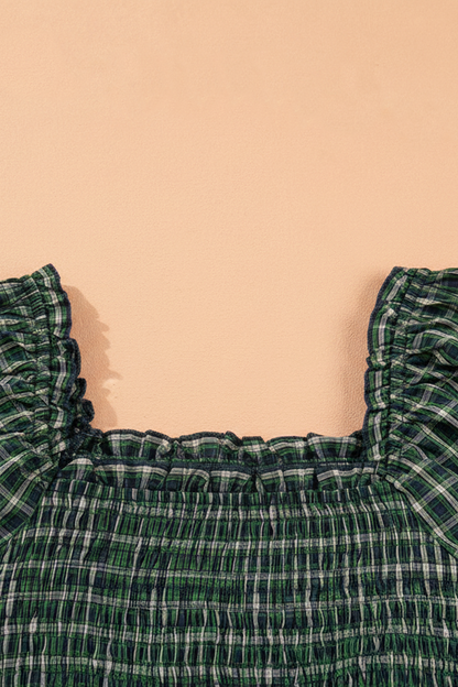 Green Plaid Shirred Bodice Ruffle Hem Maxi Dress