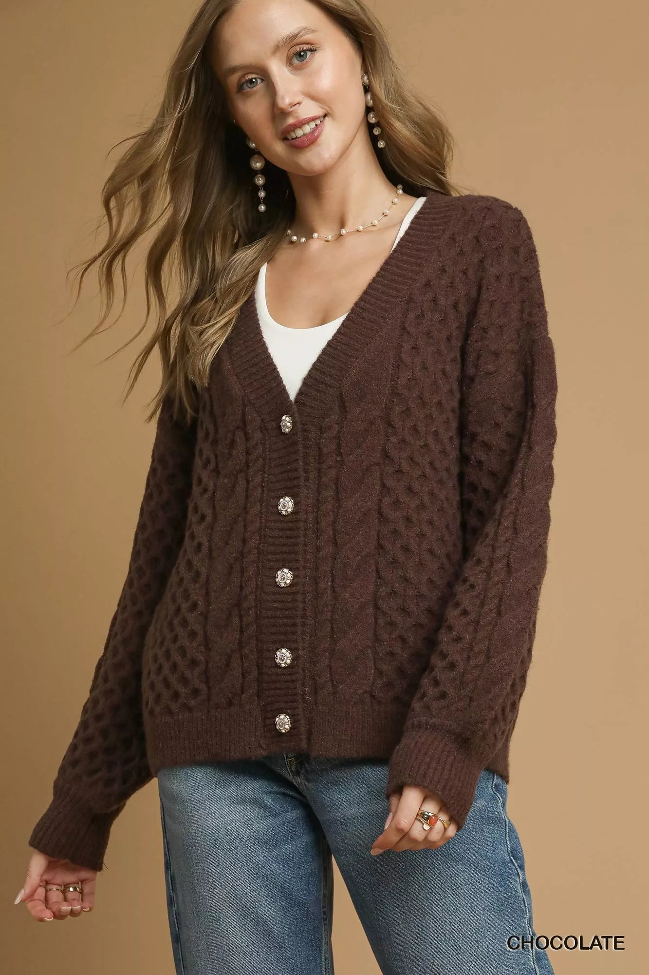 CHOCOLATE Button-Front V Neck Long Sleeve Cable Knit Cardigan | Trendy Cardigans Outfit Idea for Women by Ro + Ivy | Elevated Basics, Modern Comfort & Style