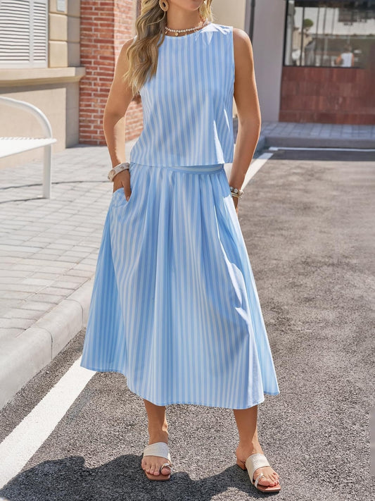 Women's Striped Sleeveless Top and Midi Skirt Set Sky Blue