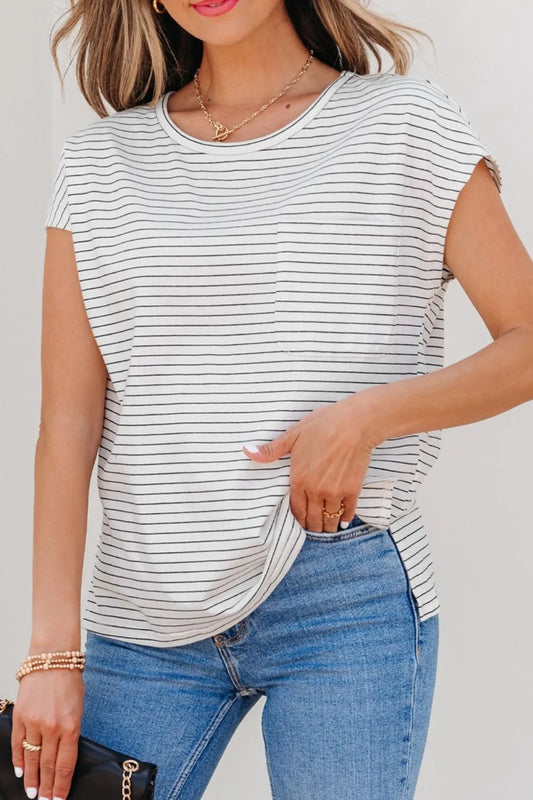 Stripe Short Sleeve Crew Neck Casual Tee With Chest Pocket - White Shirts