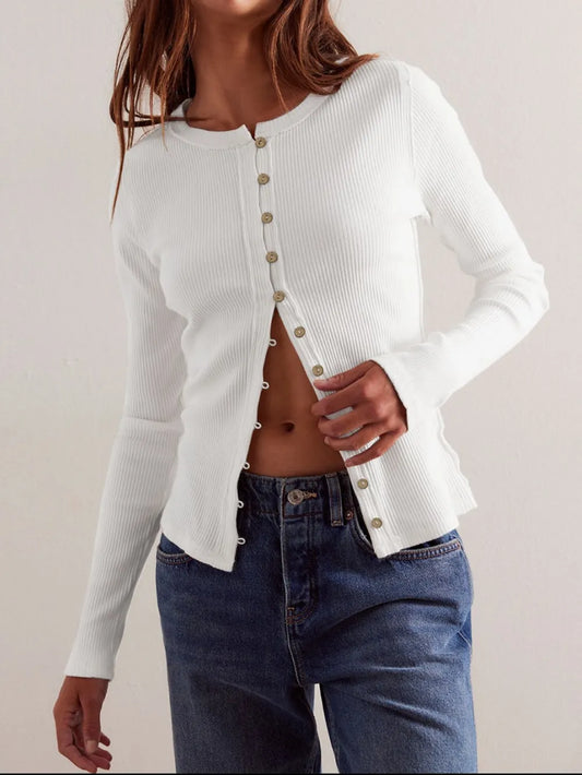 Ribbed Round Neck Button Up Long Sleeve Top - Ivory Tops