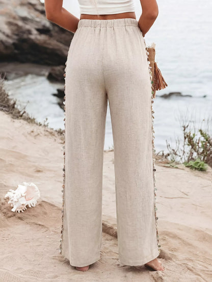Women's Linen Blend Wide Leg Drawstring Pants - Pants