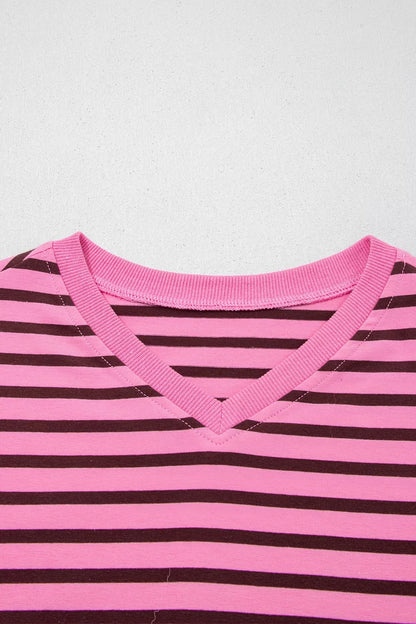 Women's Striped V-Neck Drop Shoulder Long Sleeve Top - Tops