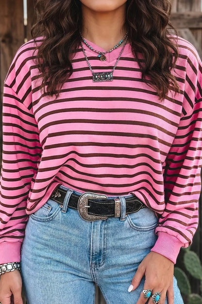 Women's Striped V-Neck Drop Shoulder Long Sleeve Top - Fuchsia Pink Tops
