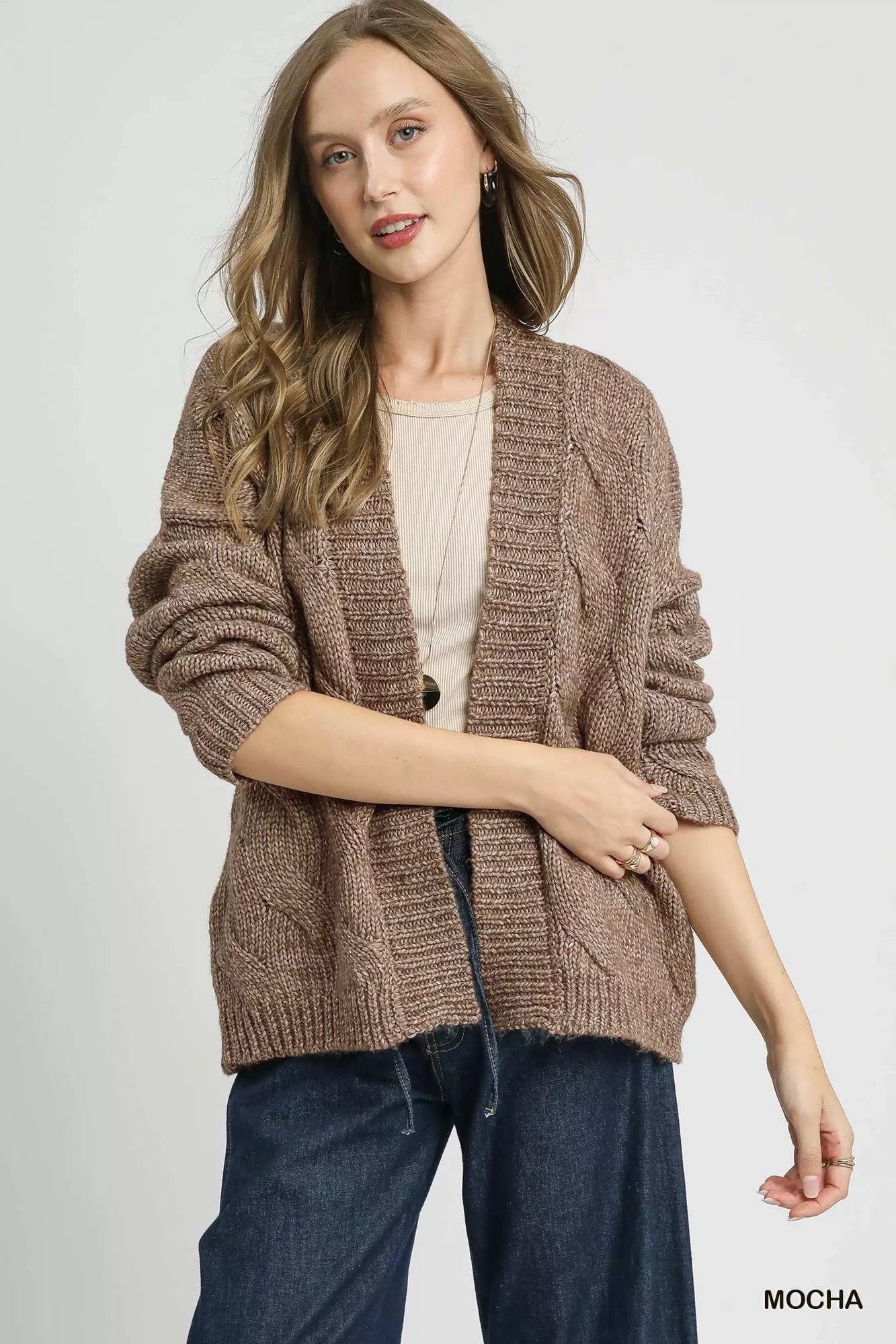 Chunky Cable Knit Long Sleeve Open Front Cardigan in Mocha | Trendy Cardigans Outfit Idea for Women by Ro + Ivy | Elevated Basics, Modern Comfort & Style