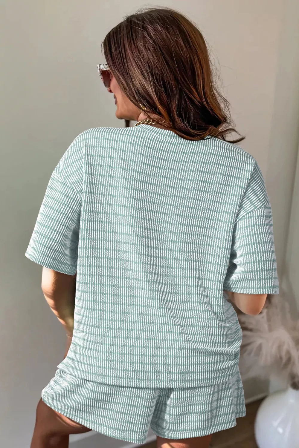 Women's Striped Raised Rib Loose Tee and Drawstring Shorts Set - Matching Sets