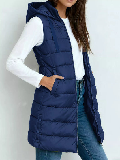 Zip Up Longline Hooded Puffer Vest Royal Blue