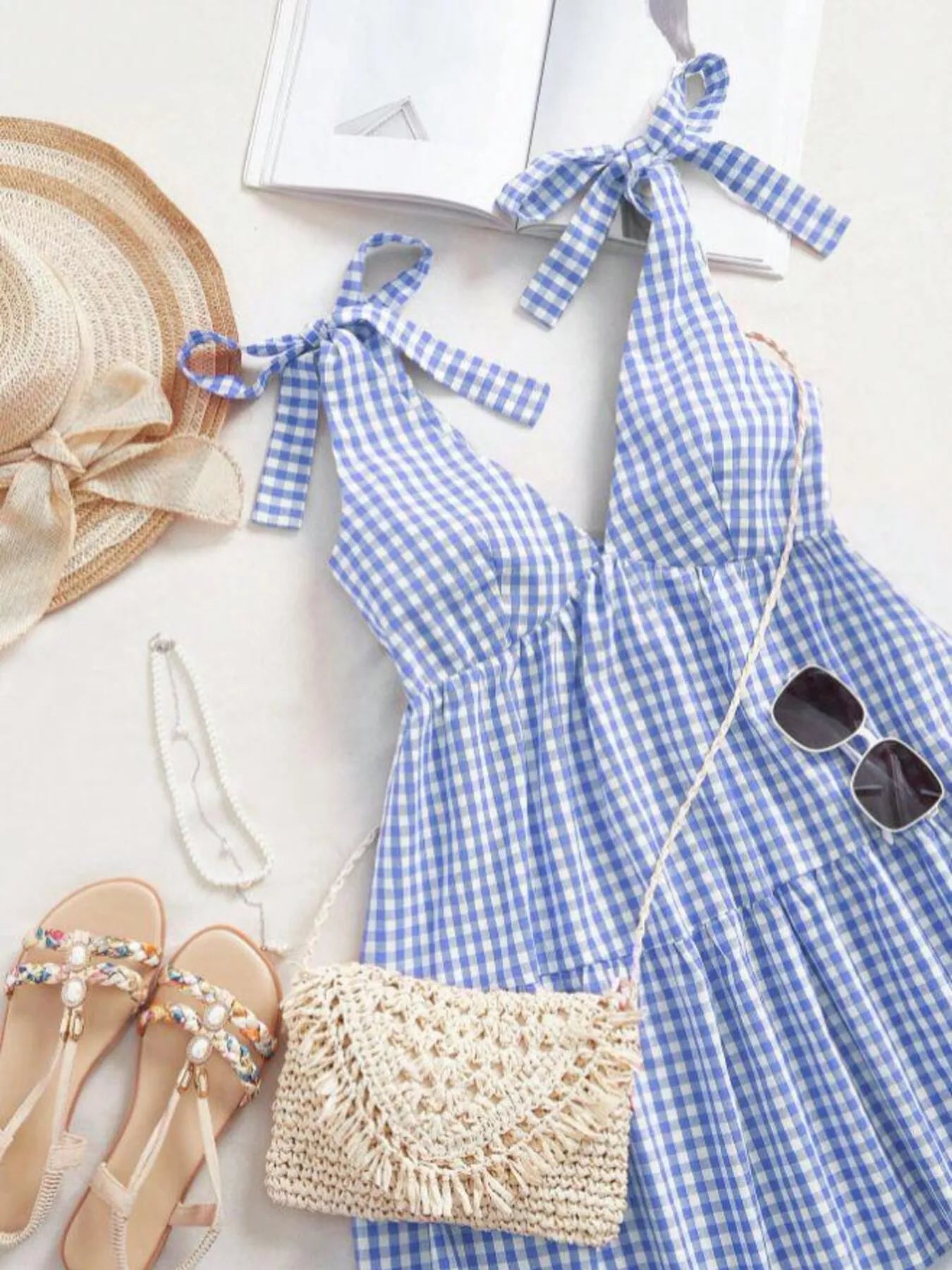Women's Gingham Tie Shoulder Ruffle Hem Mini Dress - Mini Dresses