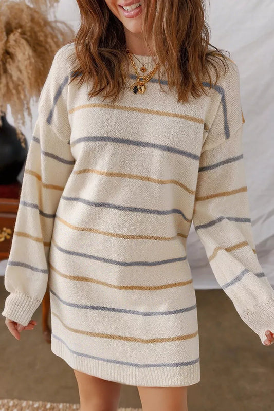 Women's Striped Dropped Shoulder Oversized Sweater Dress Beige