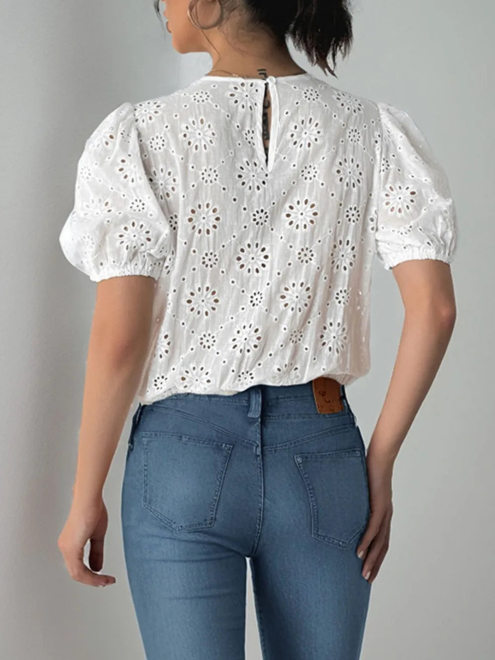 Tied Eyelet Puff Short Sleeve Bodysuit - Bodysuits