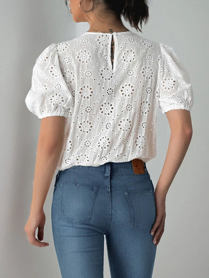 Tied Eyelet Puff Short Sleeve Bodysuit - Bodysuits