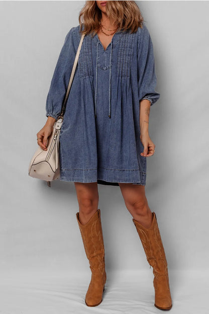 Tie Neck Long Sleeve Mini Denim Dress - Mini Dresses