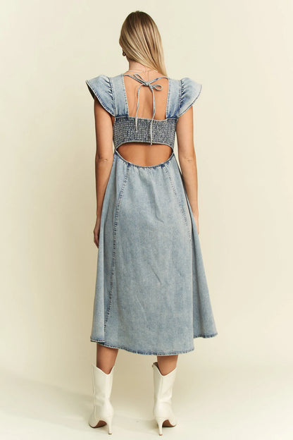 Ruffled Denim Blue Midi Dress – outfit idea for women | Ro + Ivy