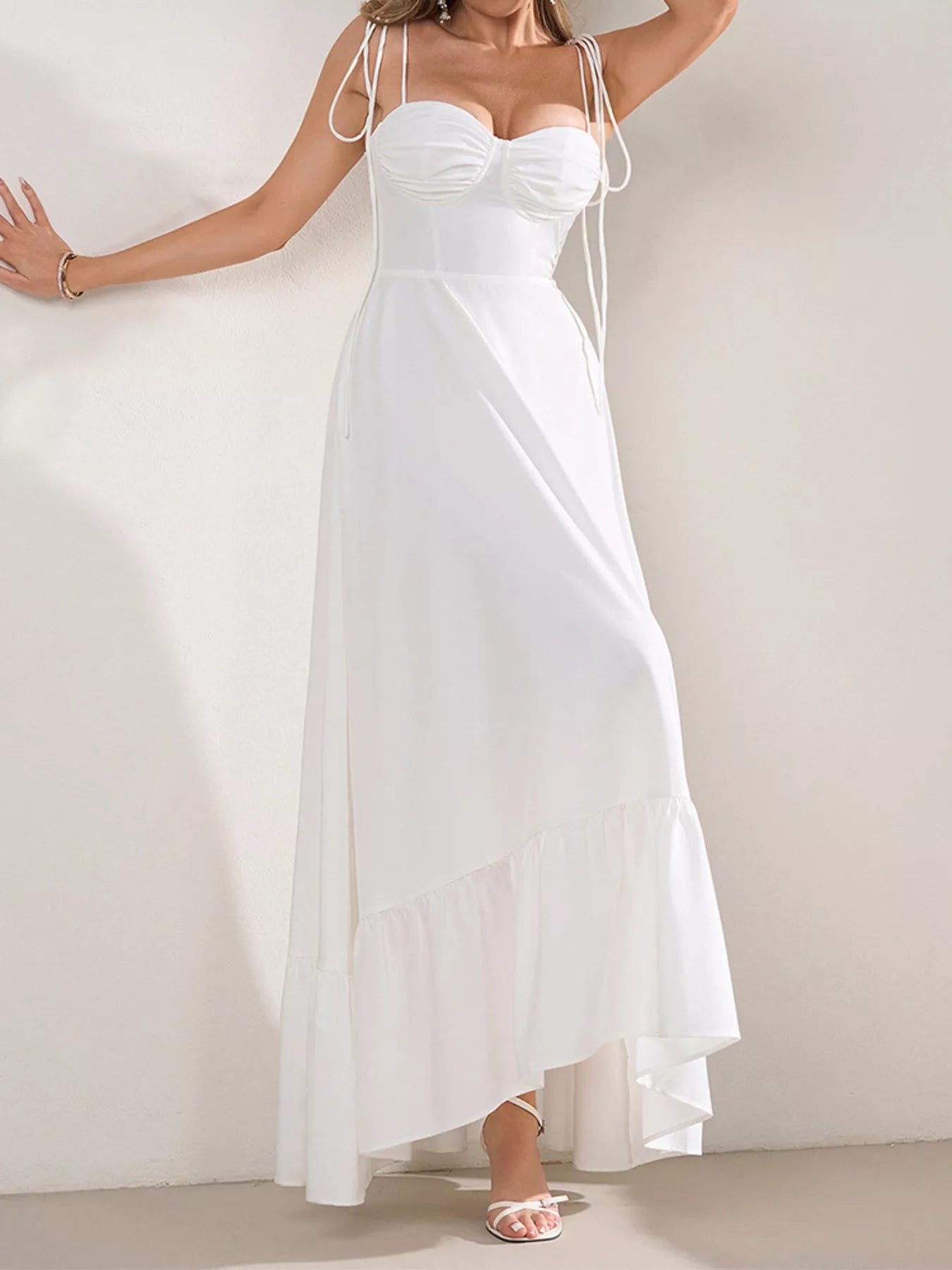 Sweetheart Neck Tie-Strap Ruffle Hem Maxi Dress - Maxi Dresses