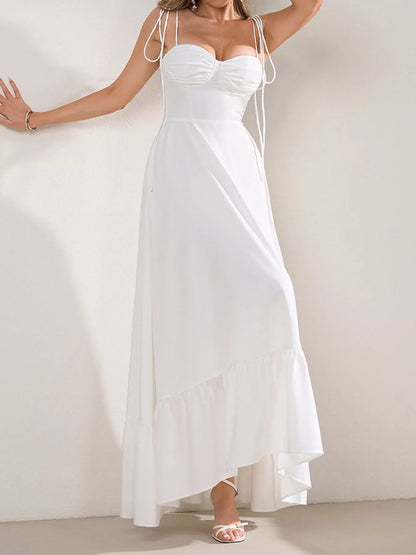Sweetheart Neck Tie-Strap Ruffle Hem Maxi Dress - Maxi Dresses